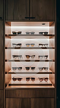 New sunglasses displayed in modern ophthalmic store showcase photo