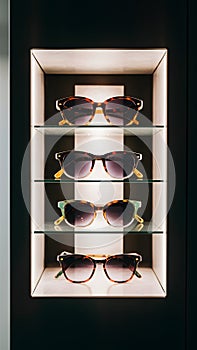 New sunglasses displayed in modern ophthalmic store showcase photo