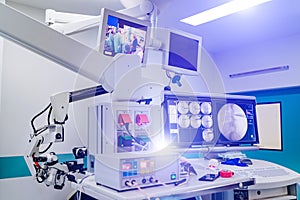 New surgery operating equipment. Neurosurgery medical machine. Room side view. Closeup. Hanauport equipment.