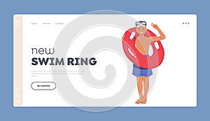 New Swim Ring Landing Page Template. Child Holds Inflatable Ring ready for Playing In Swimming Pool Or At The Beach