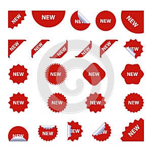 New tag red sign - concept stiker label set. Discount sale price tags labels stikers. Icons isolated. Flat design style. Icon set.