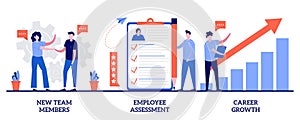 New team members, employee assessment, career growth concept with tiny people. Career development vector illustration set.
