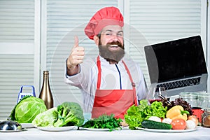 New technology. Cuisine culinary. Vitamin. Happy bearded man. chef recipe. Healthy food cooking. Mature hipster with
