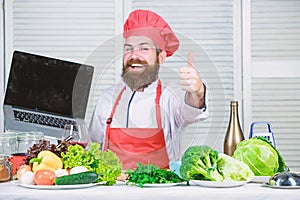 New technology. Cuisine culinary. Vitamin. Happy bearded man. chef recipe. Healthy food cooking. Mature hipster with