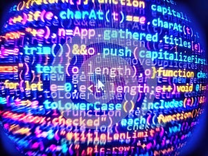 New technology revolution. Background of software developer script. Code of javascript language on white background. Monitor photo