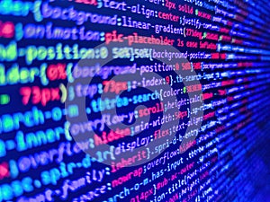New technology revolution. Creative Js HTML5 closeup set on background. Data encryption security code on a computer display, close