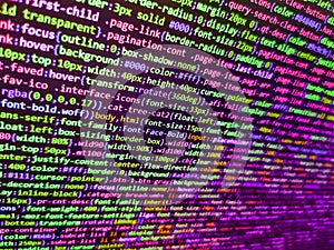 New technology revolution. Web programming and bracket technology background. Application web source code on monitor. HTML code on