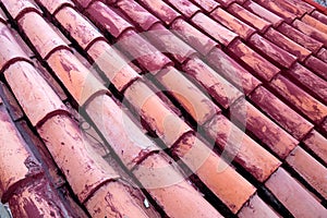 New terracotta tiles laid on a roof, partially painted red.