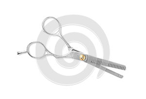 New thinning scissors on white, top view. Professional hairdresser tool
