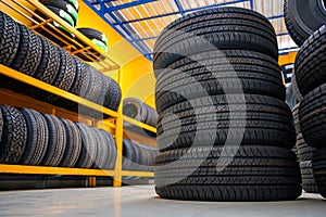 New tire warehouse room in stock There are plenty of them available to replace tires at a service center or auto repair shop. Tire