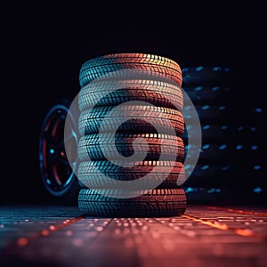 New tires pile on a dark background. Tyre fitting background. Stock of car tires. Generative AI