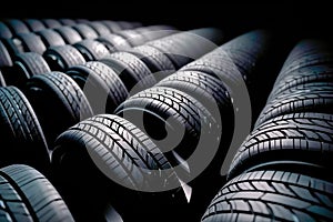 New tires pile on a dark background. Tyre fitting background. Stock of car tires. Generative AI