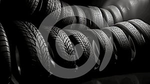 New tires pile on a dark background. Tyre fitting background. Stock of car tires. Generative AI