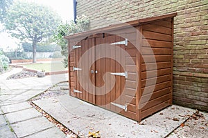 New tool shed in a garden.