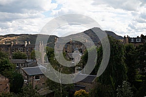 New town in Edinburgh city, view on houses, hills and trees in old part of the city, Scotland, UK