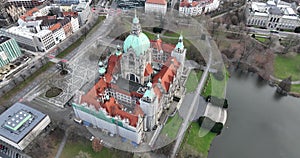 The New Town Hall, Das Neue Rathaus in Hannover, Germany. Birds eye view.