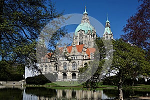 New Town Hall Hanover, Germany with lake and park