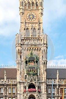 New Town Hall tower, clock and glockenspiel in Munich, Germany