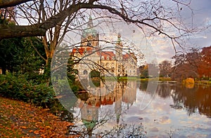 The New Town Hall through the trees of Maschpark, Hanover, Germany