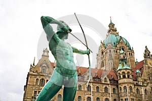 New Townhall in Hannover, Germany. Statue in front of Hannover New townhall