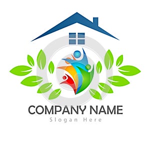 New trendy people eco home house  environment green concept Business People green leaf vector logo.