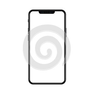 New trendy version of black thin frame notch display smartphone with blank white screen. Realistic phone mockup for any
