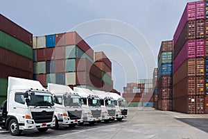 New truck fleet is parking at container depot as for logistics shipping transport service