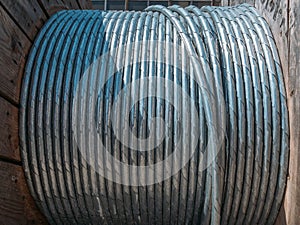New twisted steel cable coil wire or steel rope, industrial metallic cable line in roll
