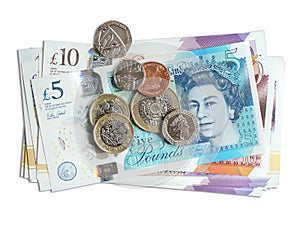 New UK Pounds and Coins on white Background