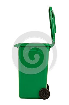 A new unbox green large bin isolated on white background photo