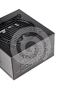 New unplugged black dark modular PSU power supply unit backside, connectors and fan, top view, pc part, object isolated on white