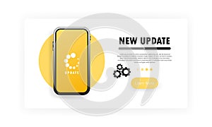 New update banner. Process updates mobile system on smartphone screen. Upgrade operating system. Downloads or uploads new version