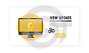 New update for computer banner. System software update and upgrade concept. Loading process in monitor screen. Vector on isolated