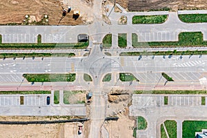 New urban asphalt road under construction. aerial top view