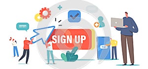 New User Online Registration and Sign Up Concept. Tiny Characters Signing Up or Login to Account on Huge Smartphone photo