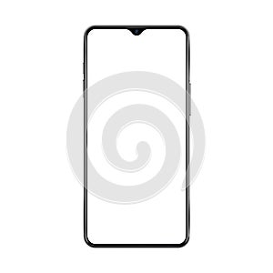 New version of black thin frame smartphone with small face camera and blank white screen. Realistic vector illustration.