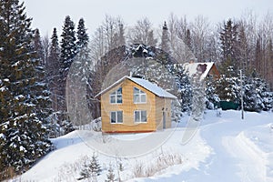New village house on the edge of the forest in winter