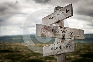 New way, no way, old way wooden signpost outdoors in nature.