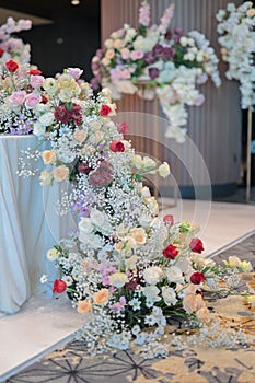 New wedding decoration with multi floral concept indoors.