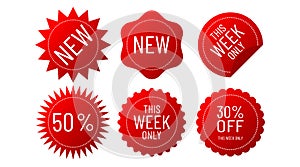 NEW. This week only offer. Round red vector shape circle stickers for best arrival shop product tags, badge, labels or sale sign