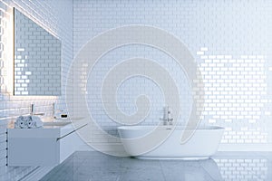 New white bathroom with big ceramic bathtub view 1 . 3d render