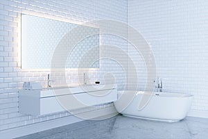 New white bathroom with big ceramic bathtub view 3 . 3d render