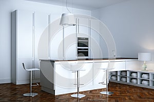 New white contemporary kitchen furniture in minimalistic room in