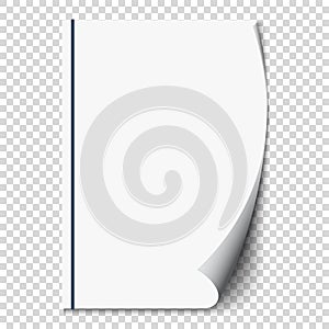 New white page curl on blank sheet paper. Realistic empty folded page. Transparent design sticker. Vector