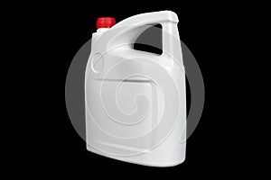 New white plastic oil canister isolated on black background.  Storage tank. Canister for gasoline, diesel and gas. White plastic