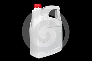 New white plastic oil canister isolated on black background.  Storage tank. Canister for gasoline, diesel and gas. White plastic