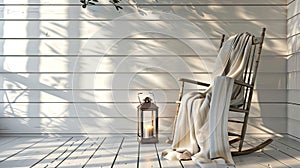 a new white porch bathed in golden sunlight, adorned with a solitary rocking chair and a gently swaying lantern