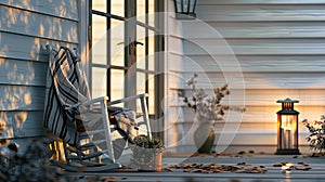 a new white porch bathed in golden sunlight, adorned with a solitary rocking chair and a gently swaying lantern