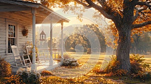 a new white porch bathed in golden sunlight, adorned with a solitary rocking chair and a gently swaying lantern