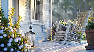 a new white porch bathed in golden sunlight, adorned with a solitary rocking chair and a gently swaying lantern